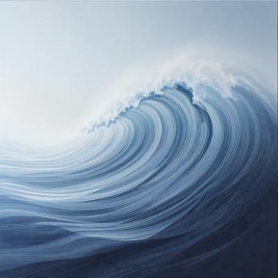 The primary subject of the image is a large wave in the ocean. The wave is breaking, creating a dramatic scene. The setting is the ocean, with the wave being the main focus of the image. The visual style is a painting, which adds a sense of depth and artistic expression to the scene. The dominant colors in the painting are blue and white, which create a serene and calming atmosphere.